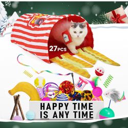 Cat Toys Christmas Kitten Toys Cat Tunnel for Indoor Cats Self Play with Collapsible Cute Crinkle Tube Feather Wand Teaser Cat Gift Box Bell Fuzzy Bal