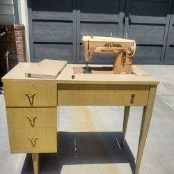 Antique Rare Singer Sewing Machine And Table Cream 