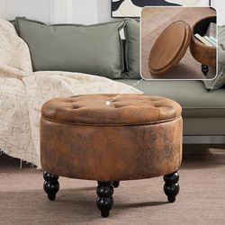 E857 $60  24 Inch PU Leather Round Ottoman with Storage, Upholstered Button Tufted Ottoman Coffee Table with Removeable Top, Foot Rest for Living Room