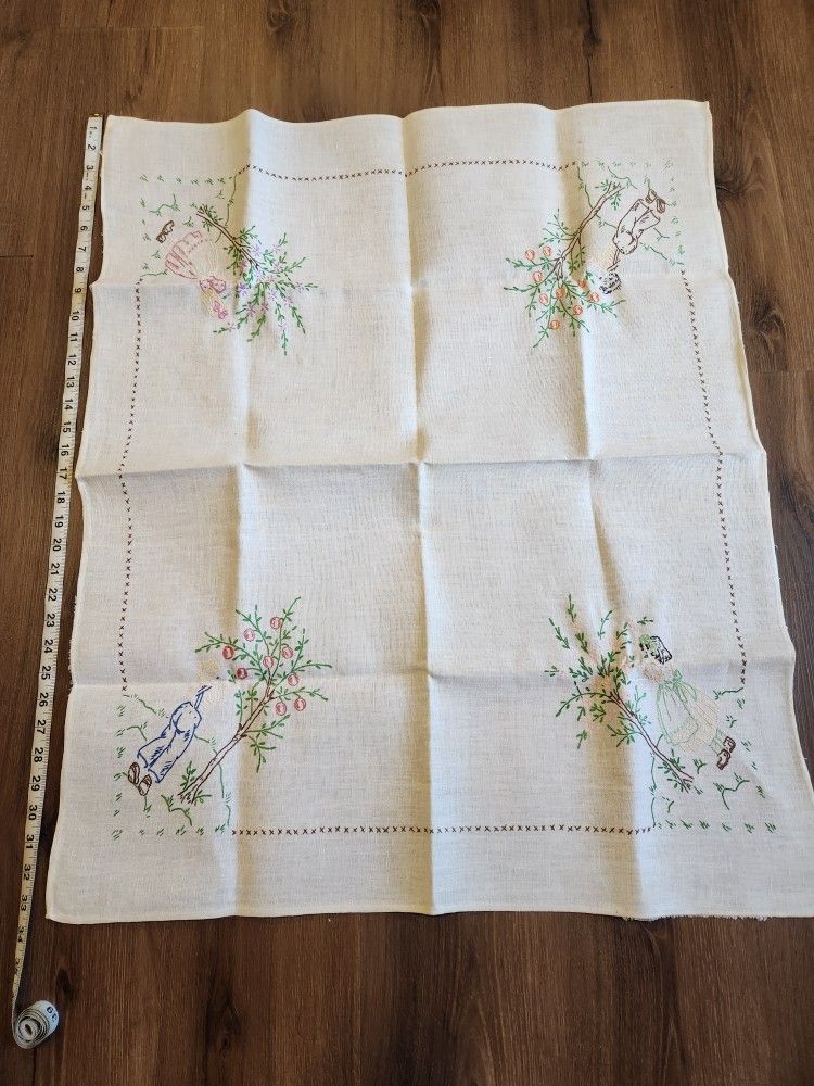 Small Tablecloth Vintage Embroidery Children & Fruit Trees on Orchard or Farm