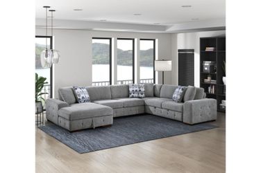 Brand new gray or blue chenille U sectional with pull-out bed (143" x 112" x 35"H)