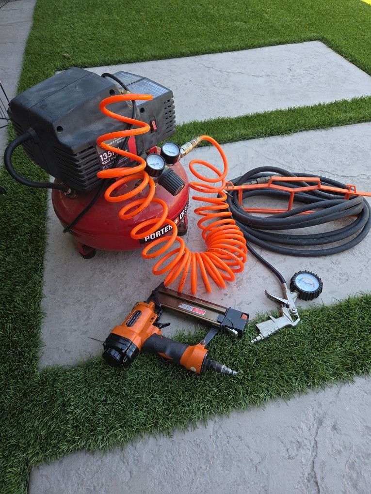 Porter Cable Pancake Compressor With Hoses And Nailer