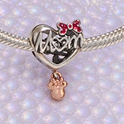 Minnie-Inspired “Mom” & “Love” Heart Charm with Red Bow