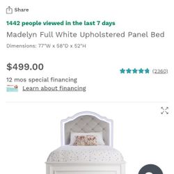 Madelyn  Full White  Upholstered Panel Twin Bed &  Madelyn White Vanity 6 Drawer Set