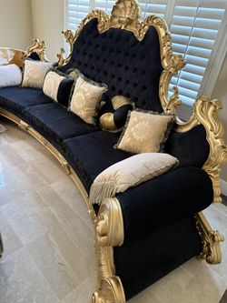 Black Velvet Couch with Gold Leaf Wood
