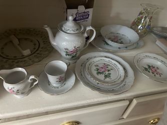 White Porcelain Tea Set with Pink Rose Pattern