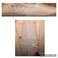 Floor Length White Tulle Ribbon Edged Veil