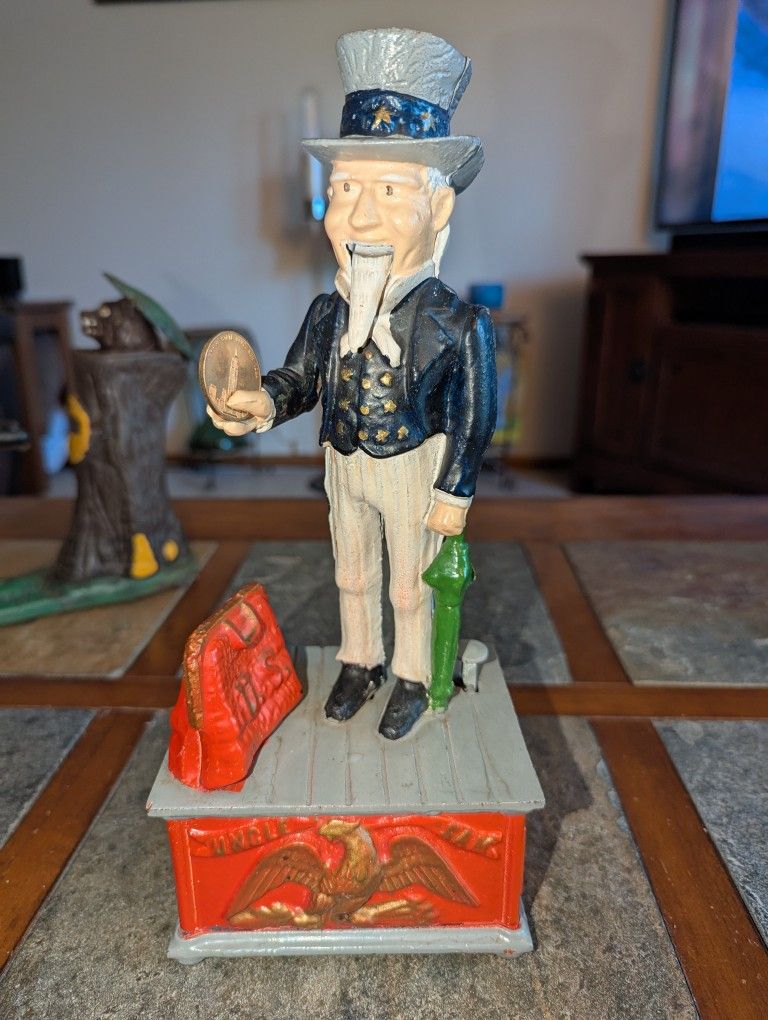 Vintage Uncle Sam Cast Iron Mechanical Coin Bank - Works !