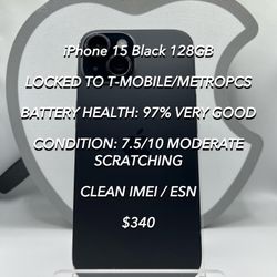 iPhone 15 Black 128GB T-MOBILE/METRO LOCKED Used Authentic