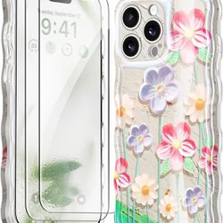 GVIEWIN for iPhone 15 Pro Case [Camera Protection & Screen Protector] Cute Colorful Oil Painting Floral Design, [Waves Border] Slim Shockproof Protect