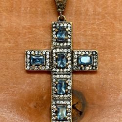 Antique-Style Aqua Blue Topaz Cross Pendant Necklace Unique Artisan Jewelry