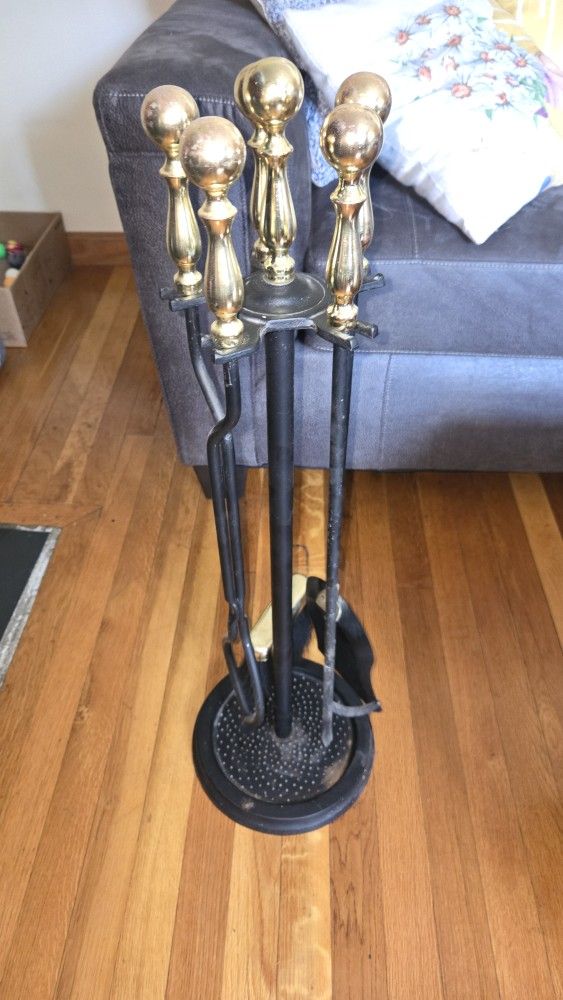 Vintage Brass And Iron Fireplace Tool Set