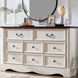   8 Drawers Dresser, 54" Wide Farmhouse Chest of Drawers with Charging Station, Distressed Finish Design, Modern Storage Dressers Organizer 