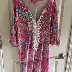 Pink Printed Tunic Dress with White Eyelet Trim