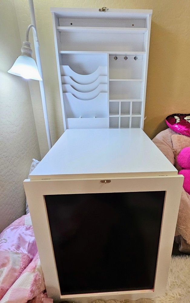 White Foldable Wall Mounted Desk w/Storage Shelves and Chalkboard