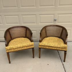 Vintage Mid Century Modern Cane-Back Accent Chairs Barrel Yellow 60s 70s MCM Regency