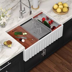 33" White Farmhouse Fireclay Workstation Apron Sink w/ Accessories