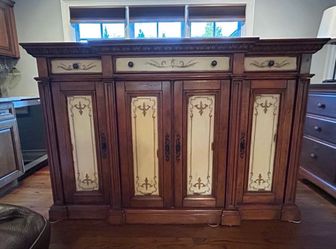 Ornate Wood Sideboard Cabinet with Painted Panels