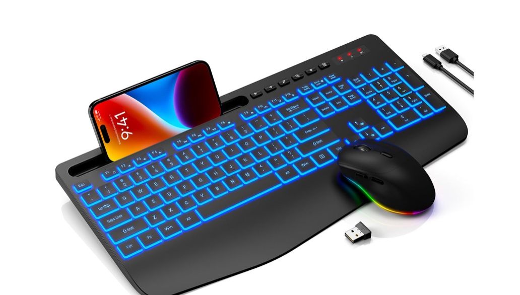 Wireless Keyboard And Mouse Combo- 7-Color Backlit, Wrist Rest, Rechargeable