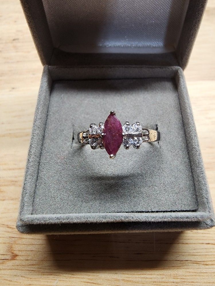 (Rare Find) Sterling Silver - Natural Ruby/Diamonds Ring 

