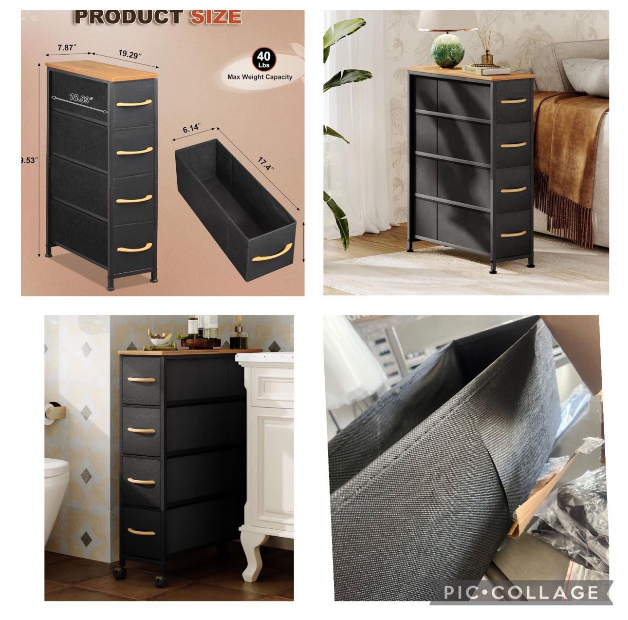 New: Slim Dresser Storage Tower with 4 Drawers-wood top, drawers with handles, steel frame