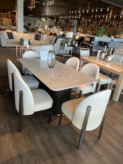 White/Brown 7pc Marble Dining Room Set