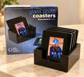 Set of 4 Glass Photo Coasters with Black Holder – Personalizable