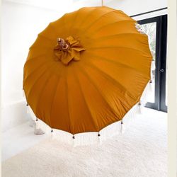 Balinese Bali Hand Made Patio, Pool, Deck, Lounging Umbrella with White Fringe Tassels - 6ft/3ft, Luxury Resort, Pop Up Events, Natural Bamboo