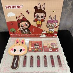 Labubu inspired makeup set. Mirror, lip gloss and eye shadow 