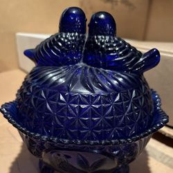 1990s The Byrdes Cobalt Blue Glass Covered Bowl