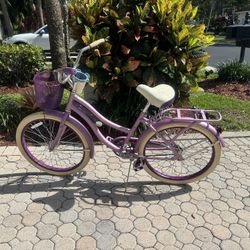 Huffy Girls Purple 24” Cruiser Bike With Basket, Cup Holder And Rear Rack