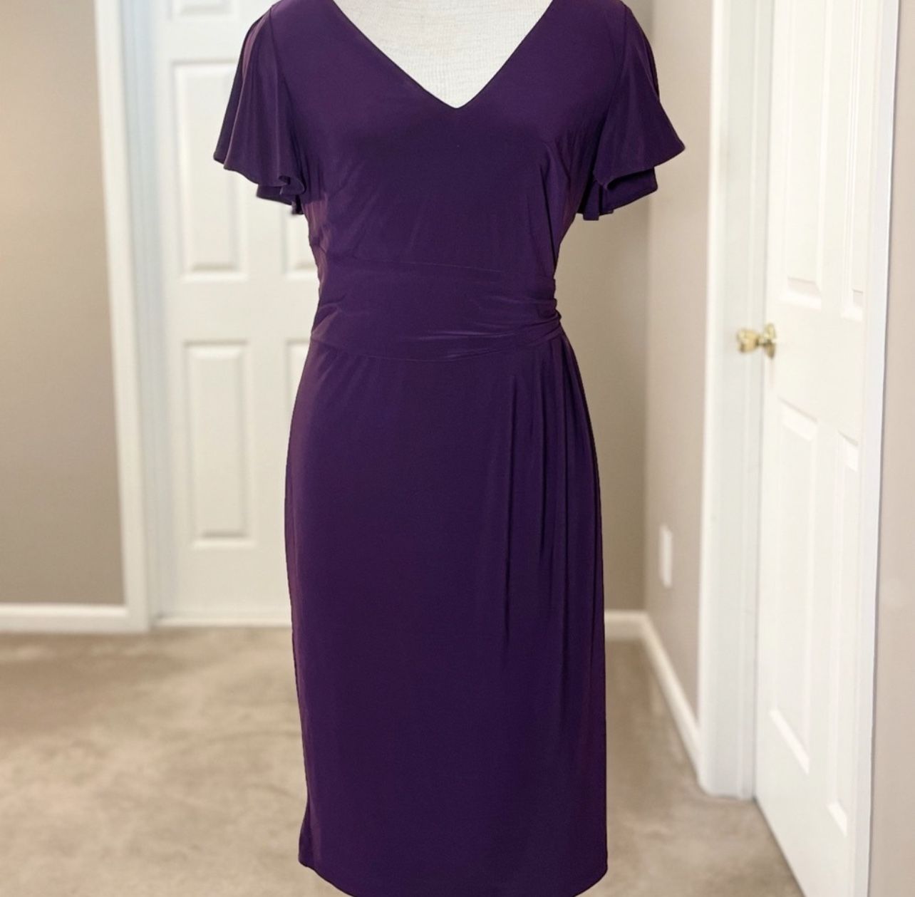 NWT Chaps Dress in purple, size medium. Feels very silky! Zipper in back.