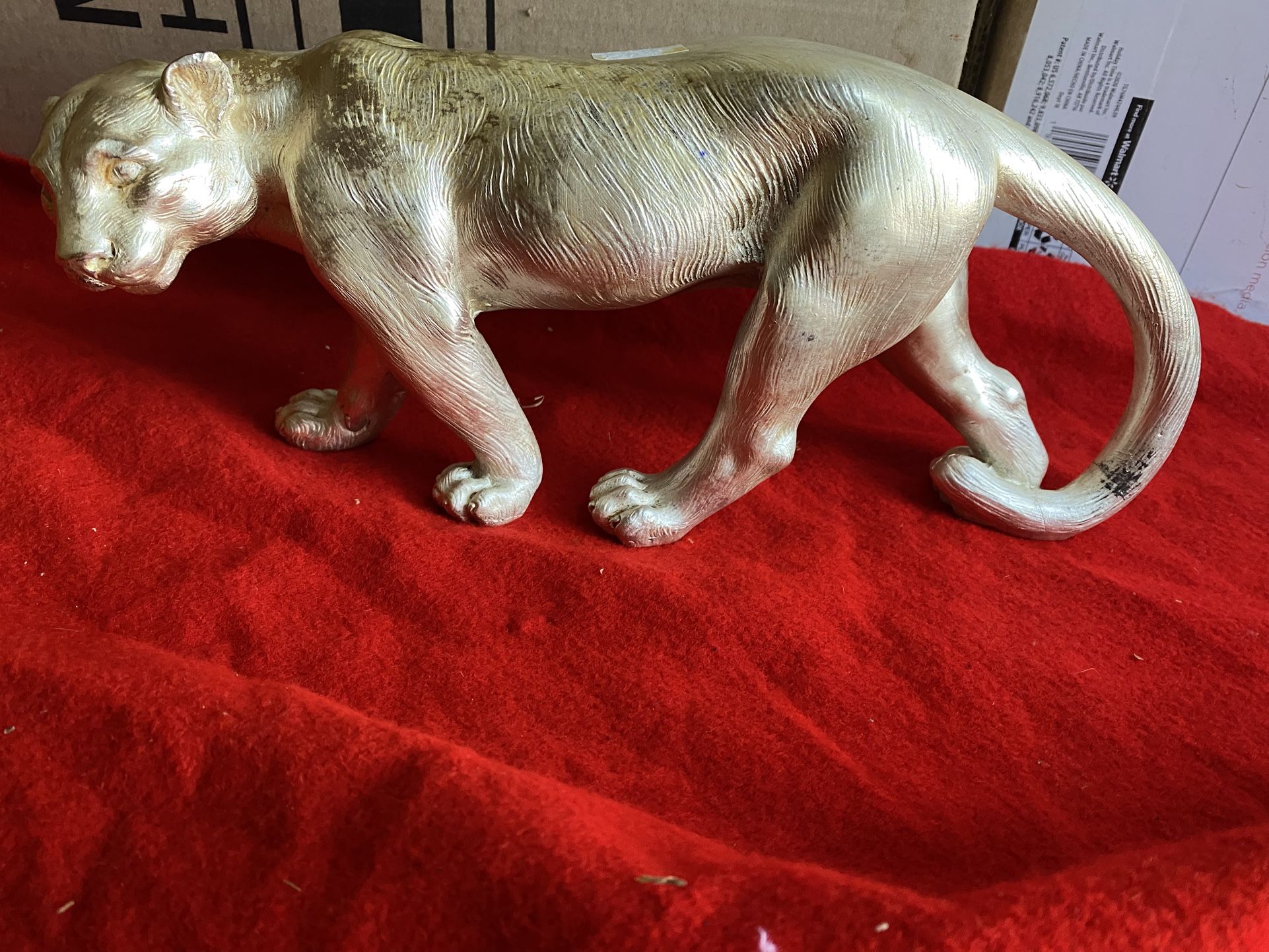 12.5 Inch Long Silver Plated Alabaster Greek Jaguar Statue Imported From Greece