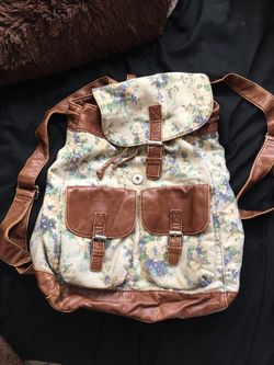 Floral and Brown Leather Backpack