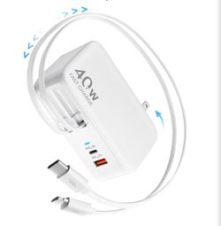 Retractable USB C Charger Wall Plug with 35.5in/90cm Type C Cables Cords,40W Fast Charging Foldable Block Multi Charger for All Devices for iPhone 17/