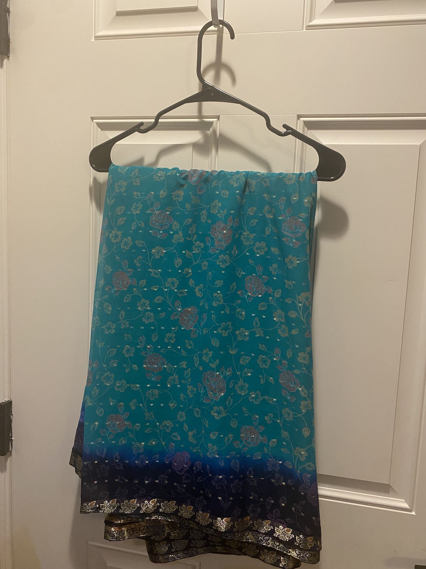Chiffon Saree Teal Color With Blue Border
