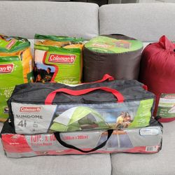 Lot of 4 Sleeping Bags and 2 Tents Camping