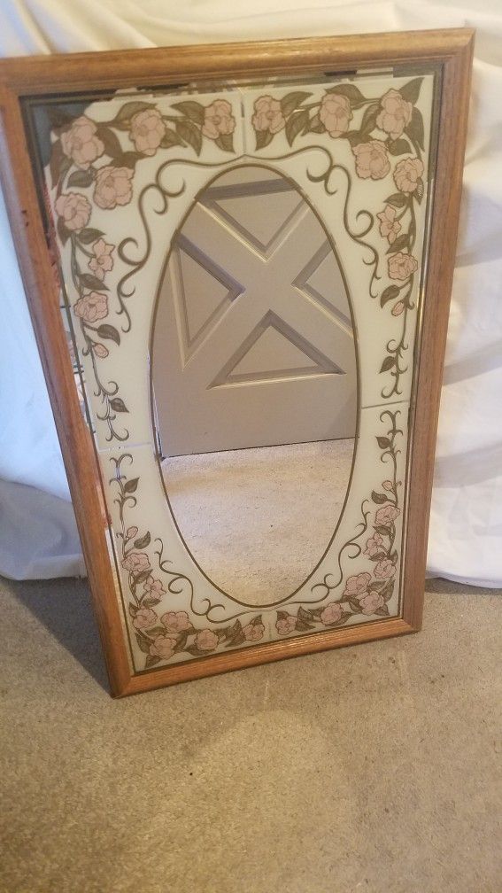 Vintage Stained glass Beautifully Floral Designed around Mirror. Woodland hills Ca. W