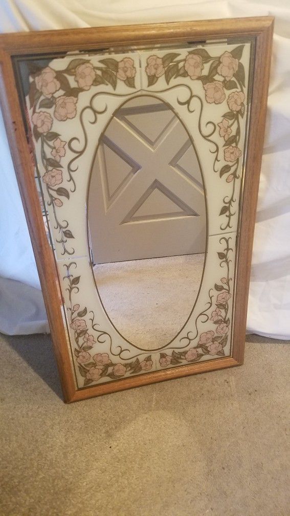  Vintage Stained glass Beautifully Floral  Designed around Mirror.  Woodland hills Ca. W