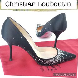 Christian Louboutin Follies black silk  heels With Swarovski Crystals