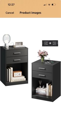 Black Nightstand with Drawers and Charging Station