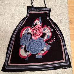 Black and pink floral satin dress