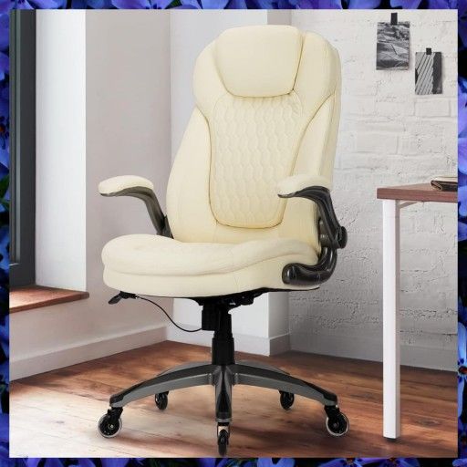 Executive Bonded Leather High Back Chair With Flip Up Arms & Rocking Function In Ivory. New, In Box.