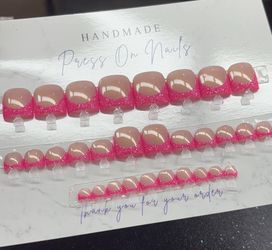 Toe press on nails pink French tip glitter nude custom handmade gel
