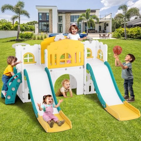 9 IN 1 Kids Double Slides Toddler Playground Climb Playset Outdoor Indoor(Jh2294G)