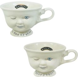 Vintage Baileys Winking Face Cup Mug Pearl Necklace Silver Trim 2 Pc Pair Lot