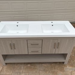 60” Bathroom Vanity w/ Double Acrylic Sink, Freestanding, Vanity Cabinet, 2 Drawers