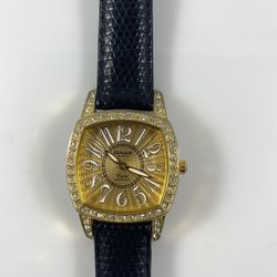 Omax Womens Gold Tone Watch with Black Leather Band