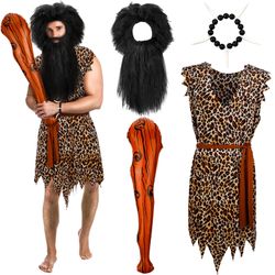 Sintege Adult Halloween Caveman Costume Caveman Beard Set Wig Bone Bracelet Inflatable Cave Bat Accessories(X-Large)