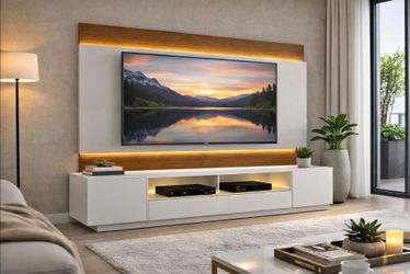 Modern White TV Stand with LED Lighting fits 75" TV